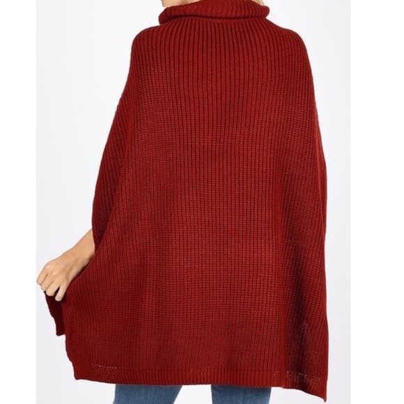 New Fire Brick Red Turtle Neck Sweater Poncho - Picture 3 of 4